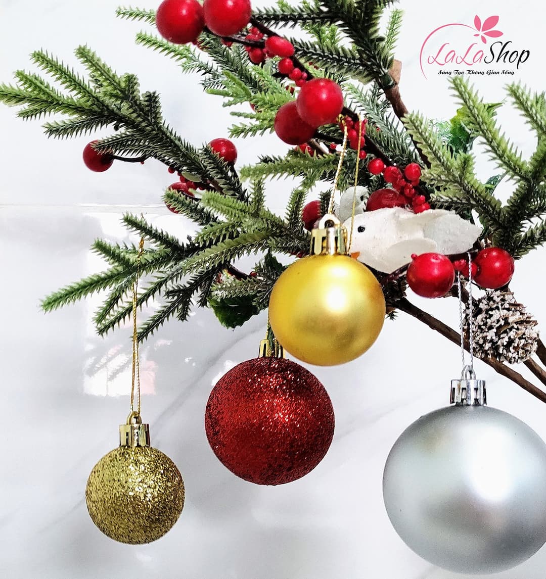 Hộp 6 quả châu 3 loại nhiều kích thước - Phụ kiện trang trí cây thông noel