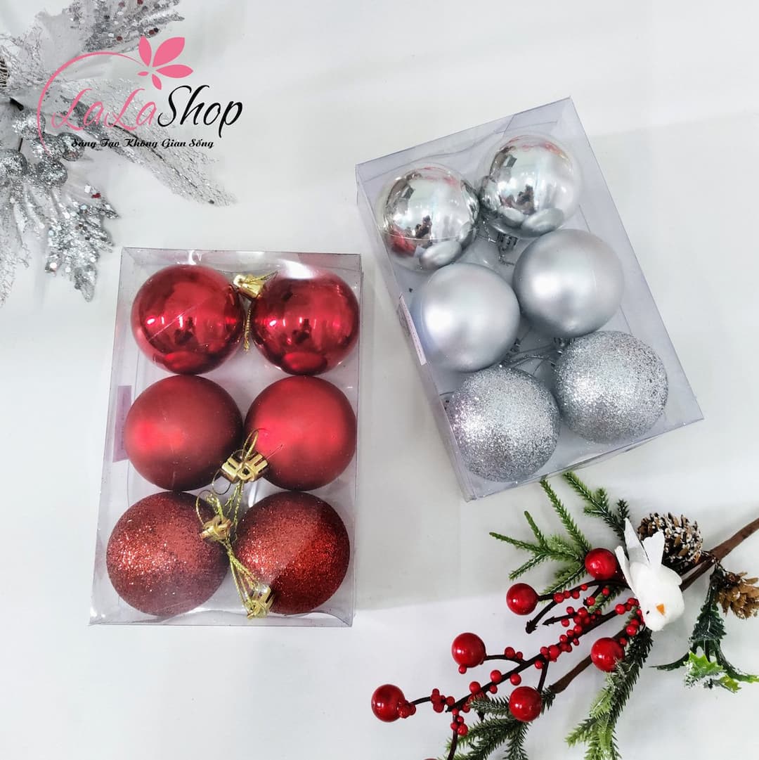 Hộp 6 quả châu 3 loại nhiều kích thước - Phụ kiện trang trí cây thông noel