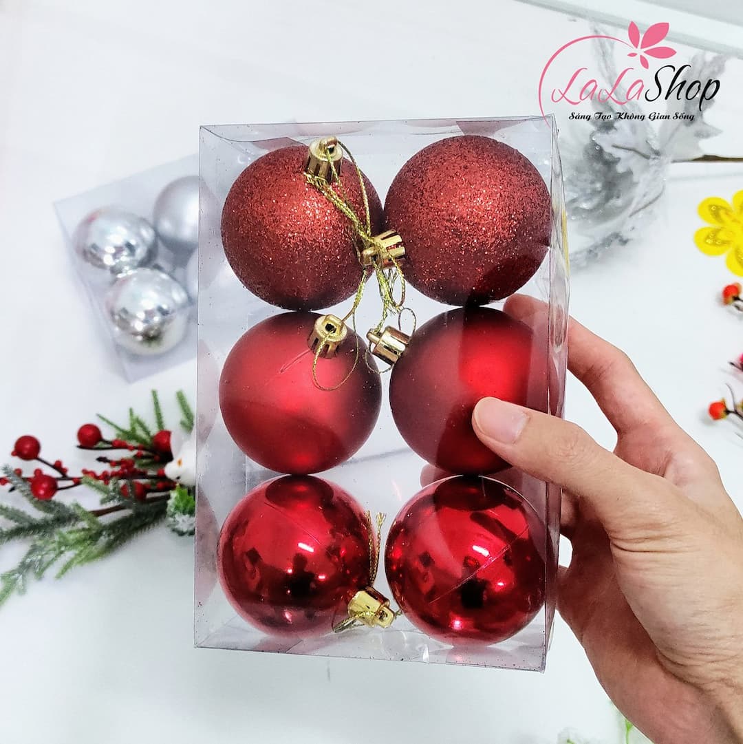 Hộp 6 quả châu 3 loại nhiều kích thước - Phụ kiện trang trí cây thông noel