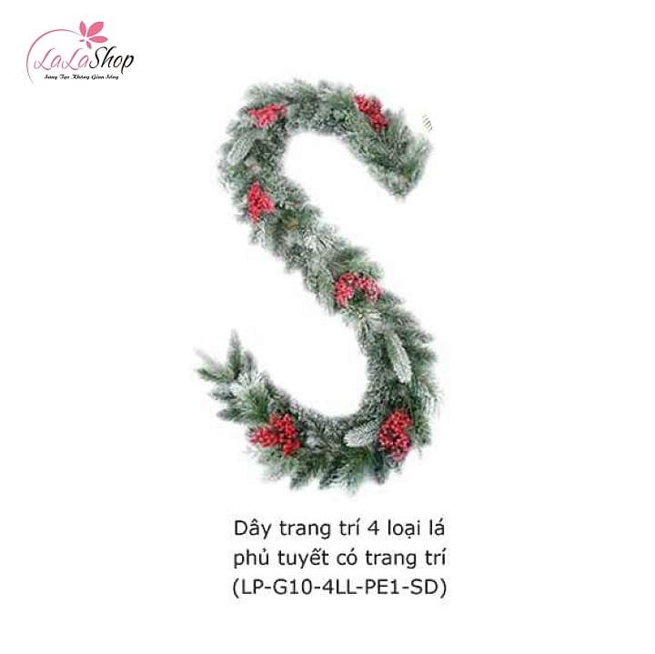 Dây trang trí noel 4 loại lá phủ tuyết có trang trí