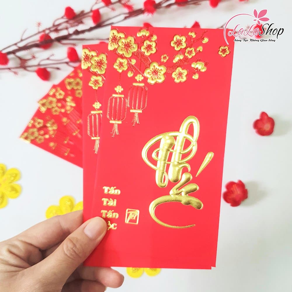 Combo 6 Bao Lì Xì Nhung In Nổi 3D Màu Đỏ Hoa Mai Lồng Đèn Tấn Tài Tấn Lộc