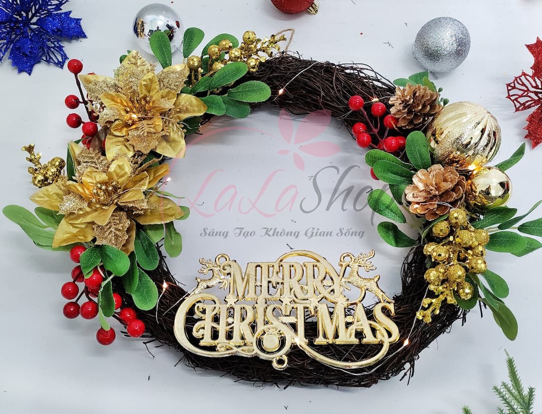 Vòng Nguyệt Quế 35cm Trang Trí Merry Christmas Hoa Trạng Nguyên Treo Cửa Có Kèm Đèn Led