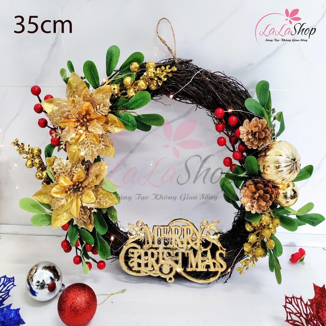 Vòng Nguyệt Quế 35cm Trang Trí Merry Christmas Hoa Trạng Nguyên Treo Cửa Có Kèm Đèn Led