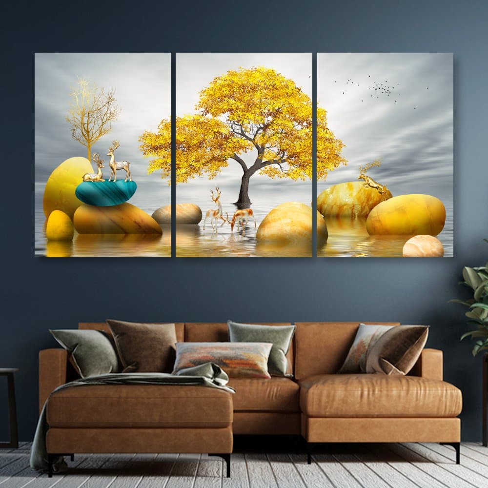 Bộ 3 tấm tranh treo tường hươu vàng bên dòng suối