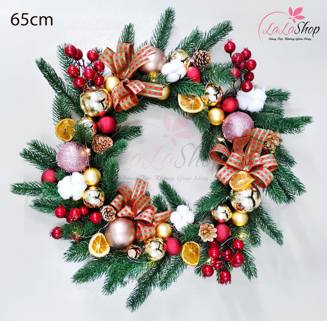 Vòng nguyệt quế 65cm trang trí  noel sắc màu kèm đèn led