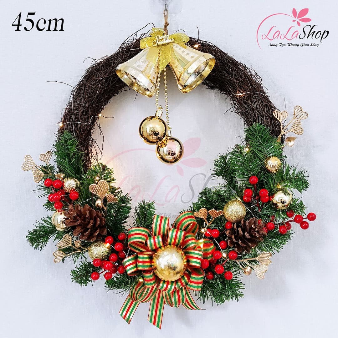 Vòng nguyệt quế 45cm trang trí noel quả châu cherry trái thông treo cửa có kèm đèn led