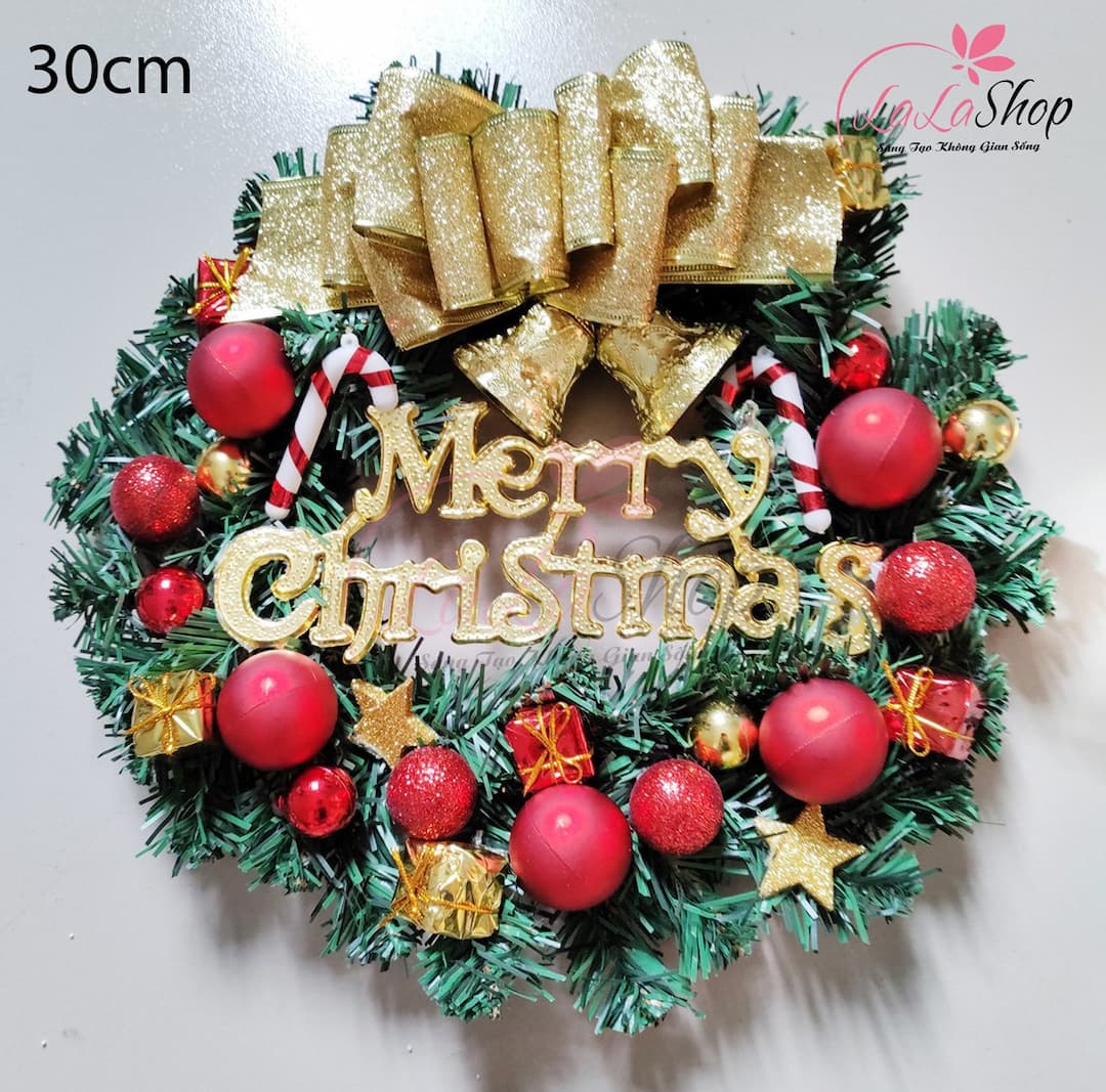 Vòng Nguyệt Quế Treo Cửa Châu Đỏ Nơ Vàng 30cm Trí Noel