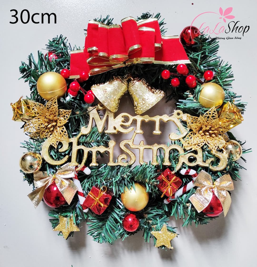 Vòng Nguyệt Quế Treo Cửa Nơ Đỏ 30cm Trí Noel