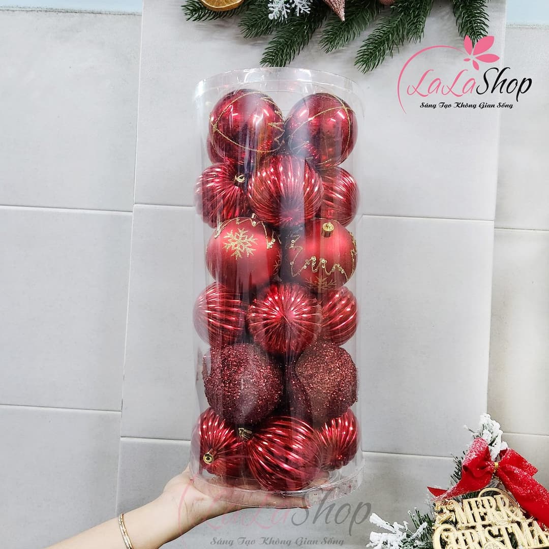 Hộp 24 Quả Châu Màu Đỏ 8cm Trang Trí Noel