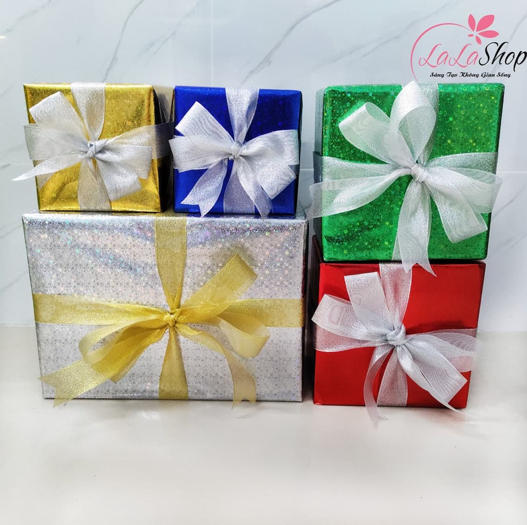 Set 5 hộp quà giáng sinh ngũ sắc họa tiết nơ trắng trang trí cây thông noel làm quà tặng