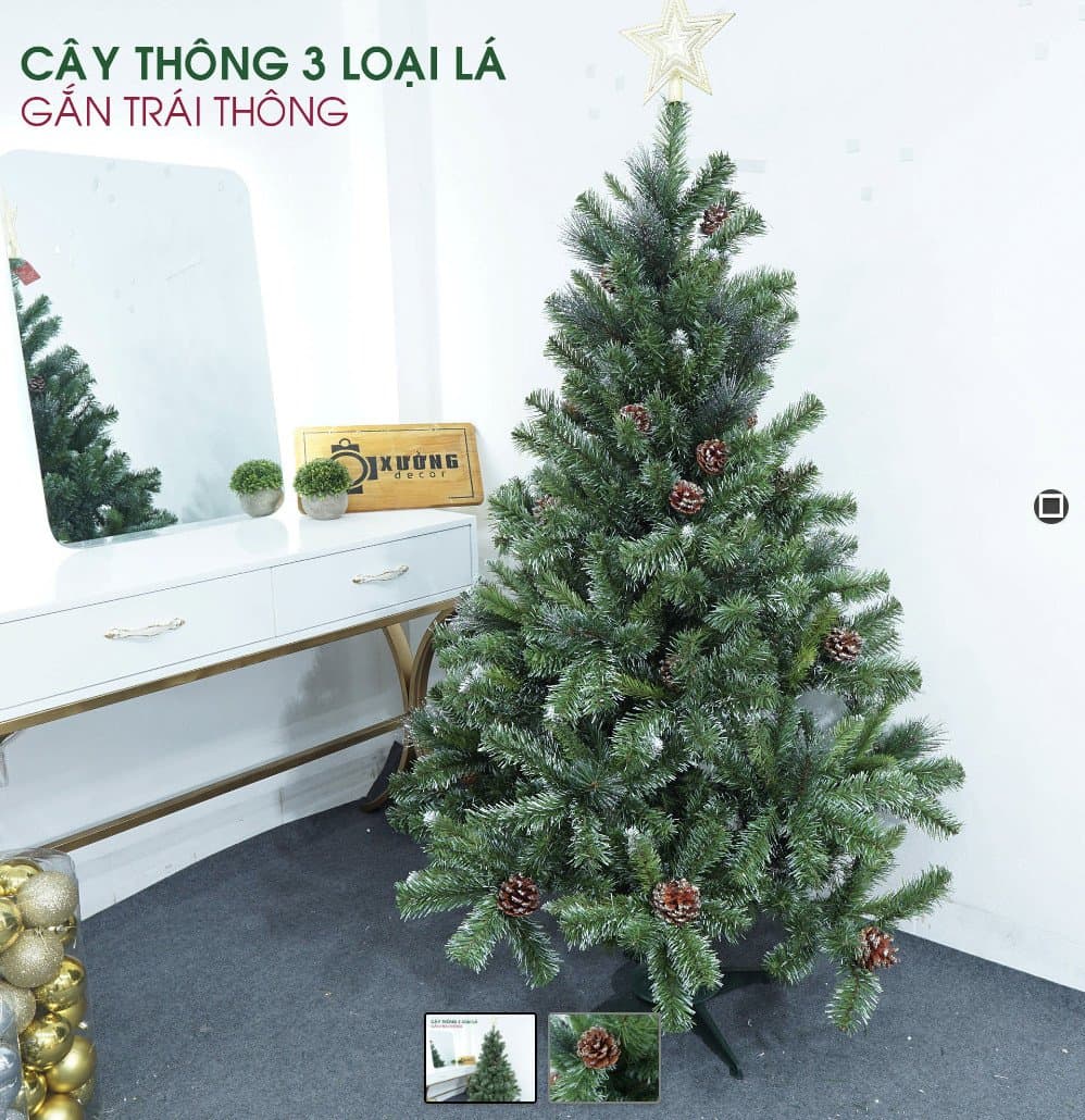 Cây thông noel 3 loại lá gắn trái thông