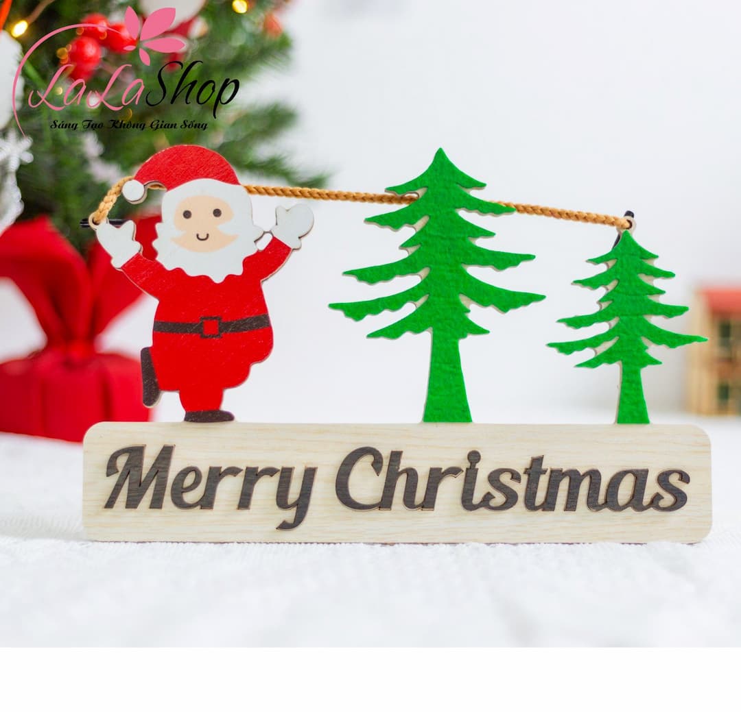 Bảng gỗ treo trang trí noel cây thông merry christmas ông già noel mẫu 1