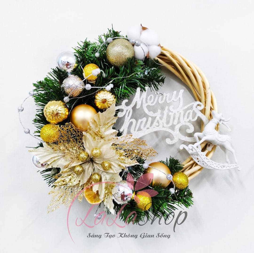 Vòng Nguyệt Quế 35cm quả châu hoa trạng nguyên merry christmas trang trí noel có đèn led