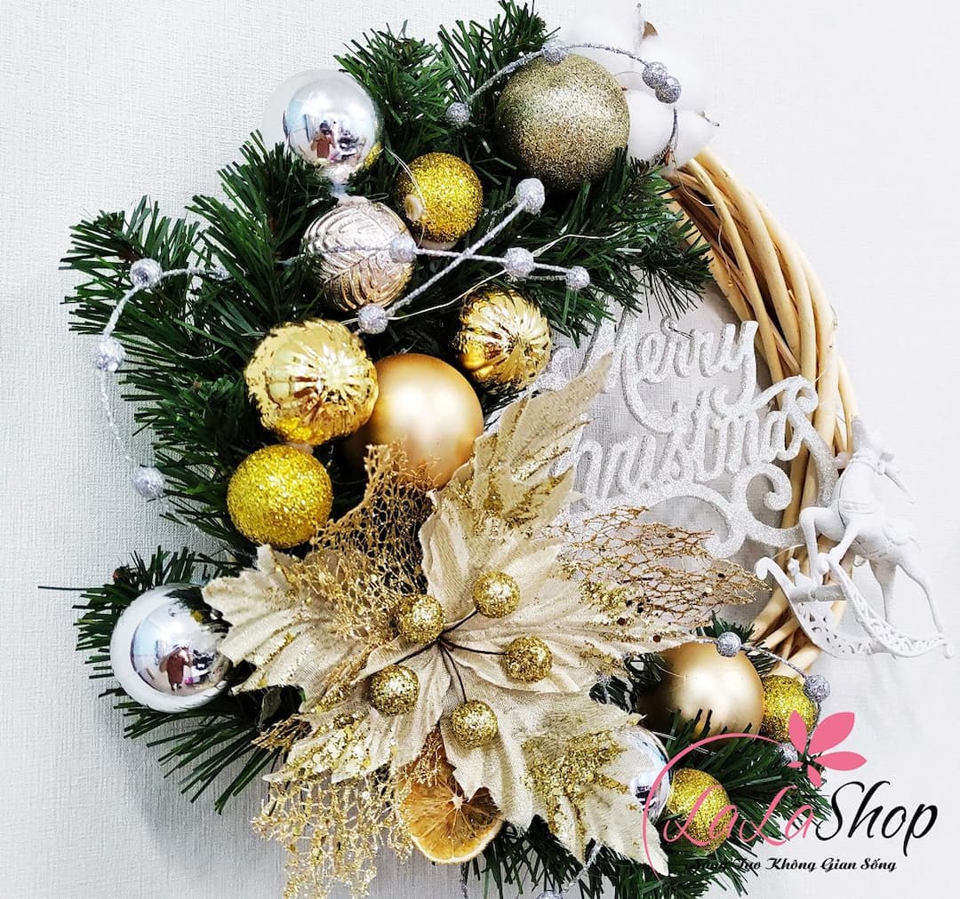 Vòng Nguyệt Quế 35cm quả châu hoa trạng nguyên merry christmas trang trí noel có đèn led