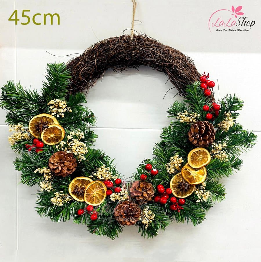 Vòng Nguyệt Quế 45cm quả thông cherry sắc màu trang trí noel