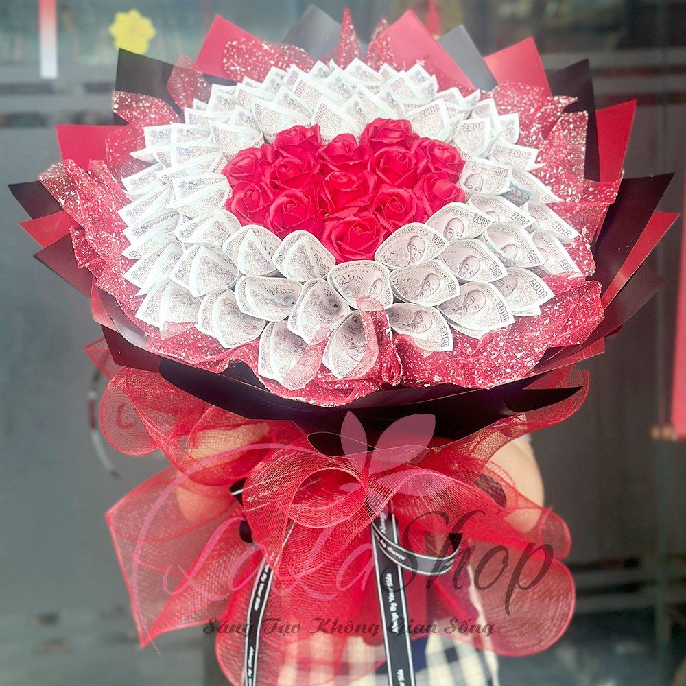 Bó hoa tiền tờ 2k mix hoa hồng sáp thơm