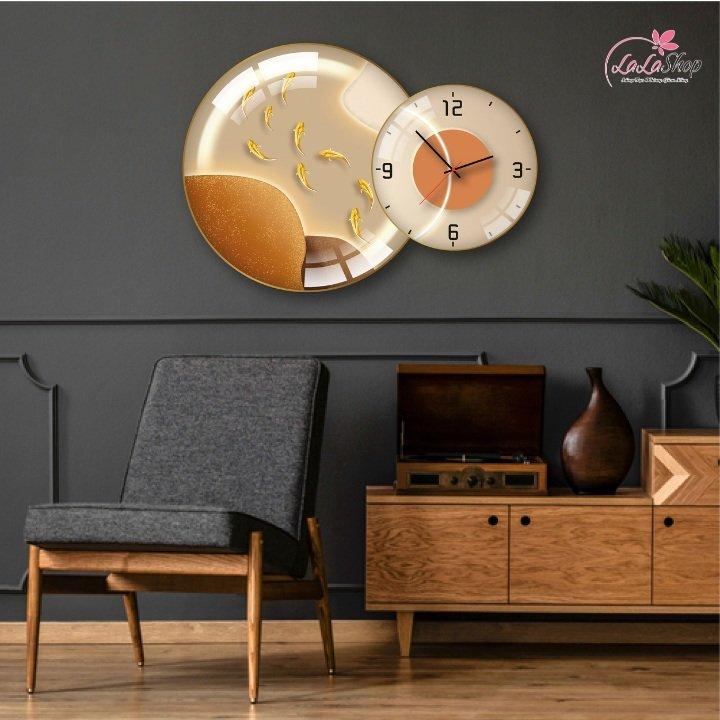 Tranh Đồng Hồ Treo Tường UV Pha Lê Bóng Đàn Cá Nghệ Thuật