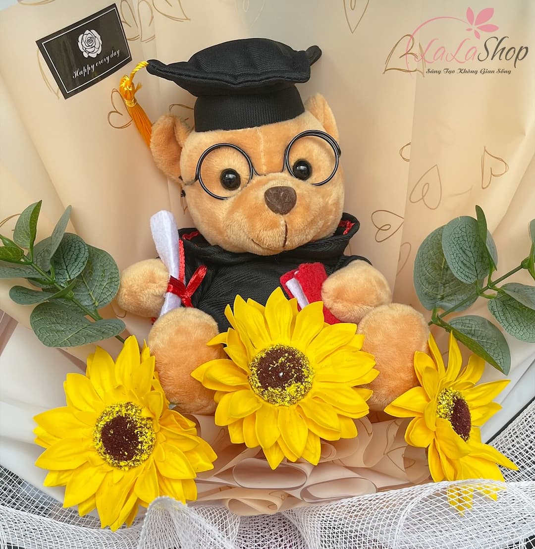 Bó hoa hướng dương sáp kèm gấu nâu quà tặng lễ tốt nghiệp