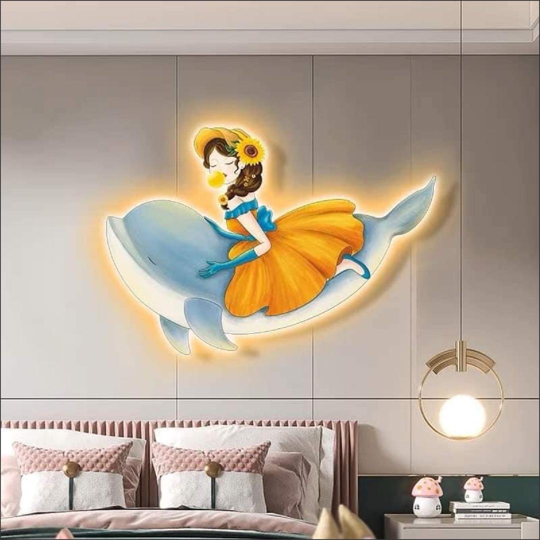 Tranh Đèn Led Tráng Gương Pha Lê Cô Gái Và Cá Heo 2