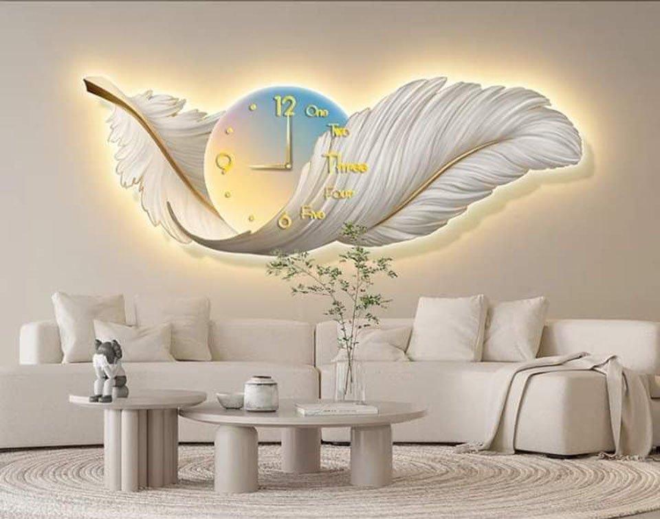Tranh Đèn Led Đồng Hồ Lông Vũ Cao Cấp 3