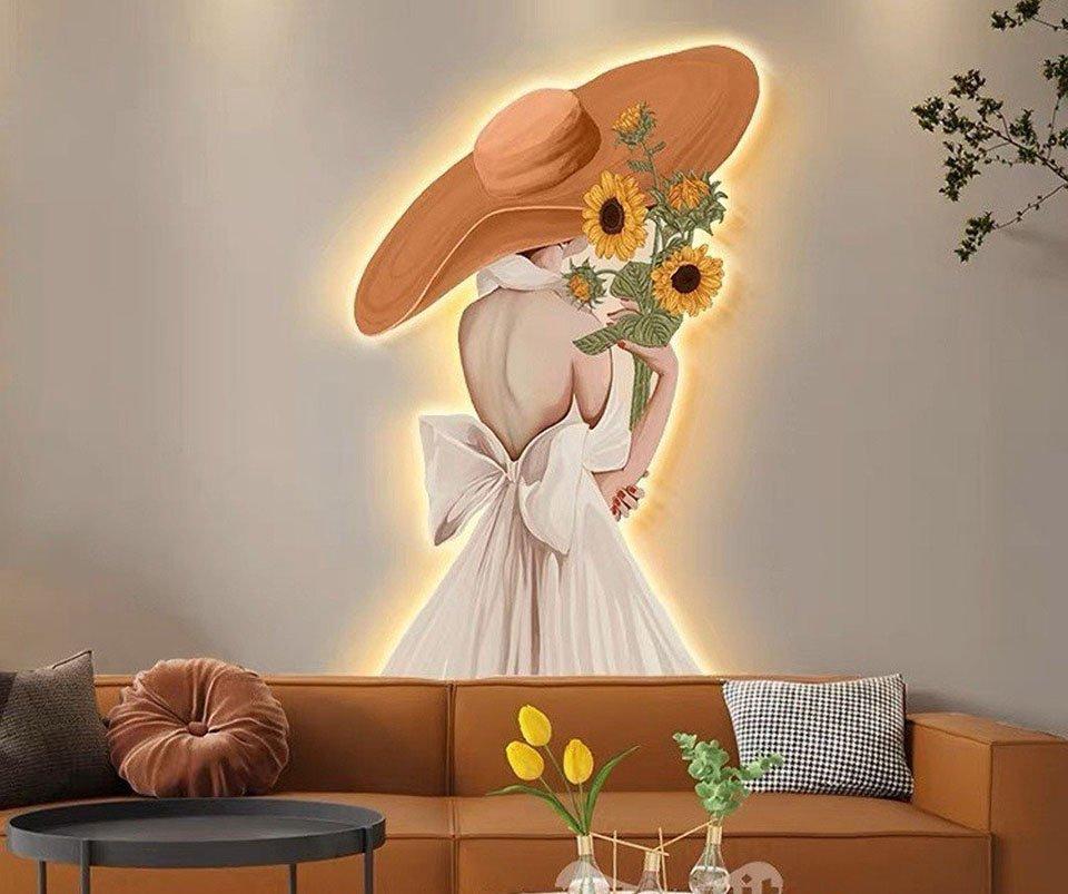 Tranh Đèn Led Treo Tường Tráng Gương Uv Pha Lê Cao Cấp Cô Gái Nghệ Thuật