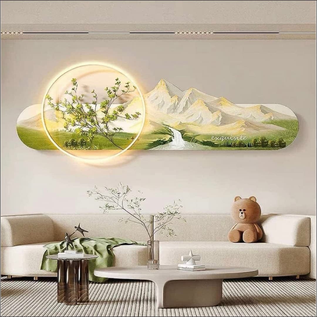 Tranh treo tường phòng khách có đèn LED mẫu phong cảnh núi sông