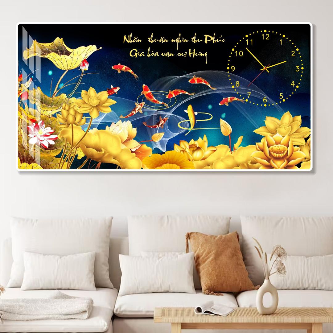 Tranh Đồng Hồ Tráng Gương Pha Lê Cá Chép Và Hoa Sen