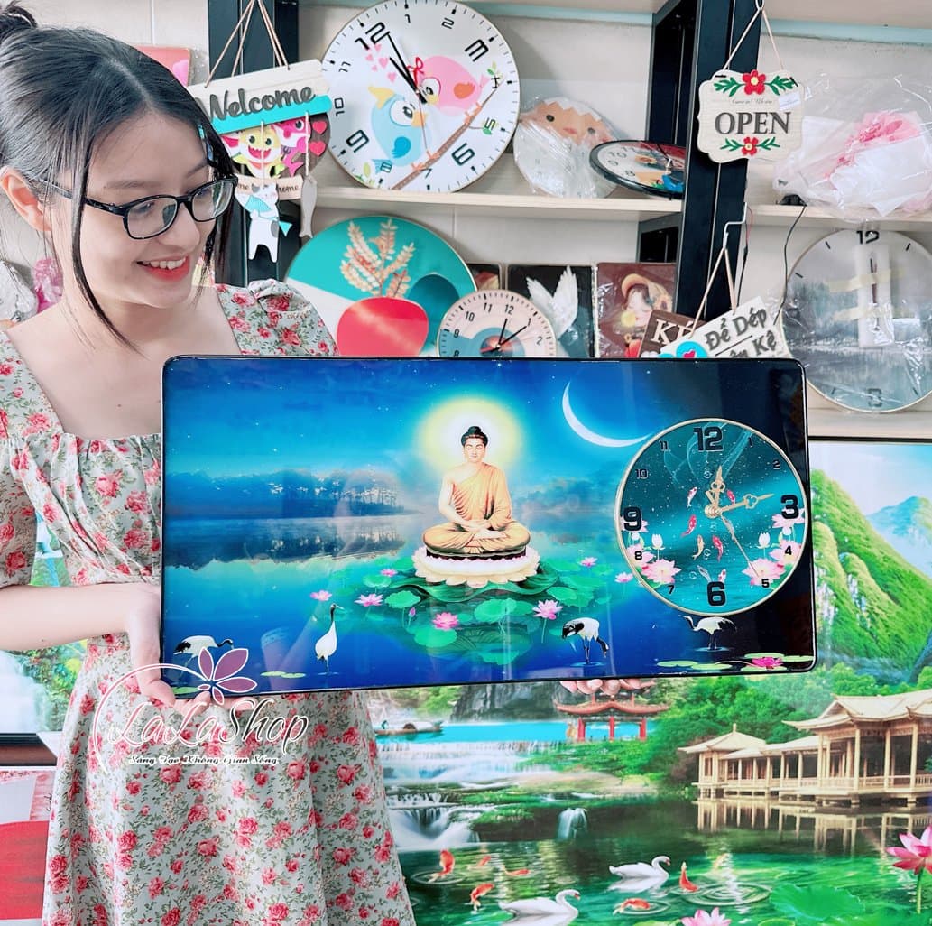 Tranh Đồng Hồ nổi 3D Treo Tường Phật ngồi tòa sen Mẫu 502