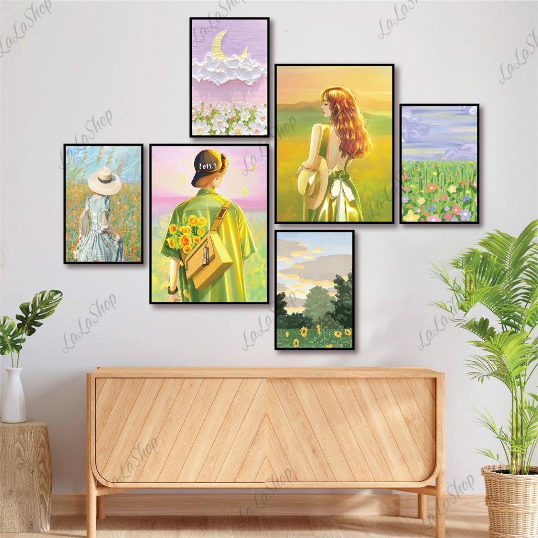 Set 6 Tranh Dán Tường Cô Gái Và Hoa