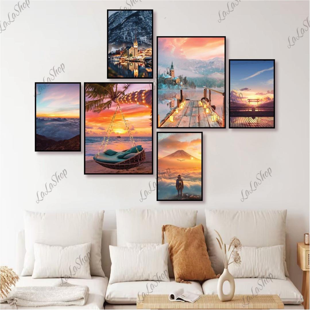 Set 6 Tranh Dán Tường Phong Cảnh Biển Hoàng Hôn Có Keo Sẵn