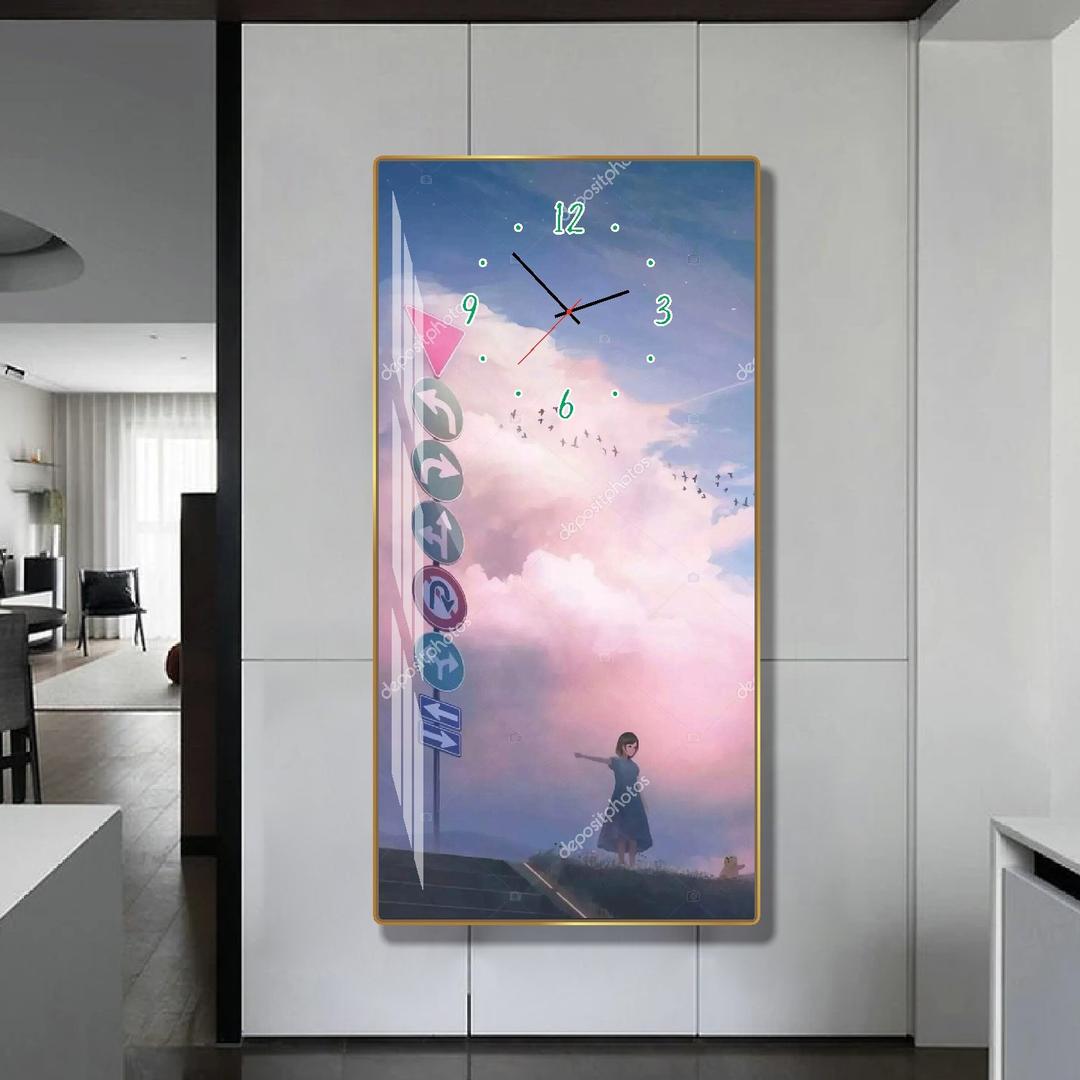 Tranh Đồng Hồ Treo Tường Cô Gái, Bầu Trời Và Chim