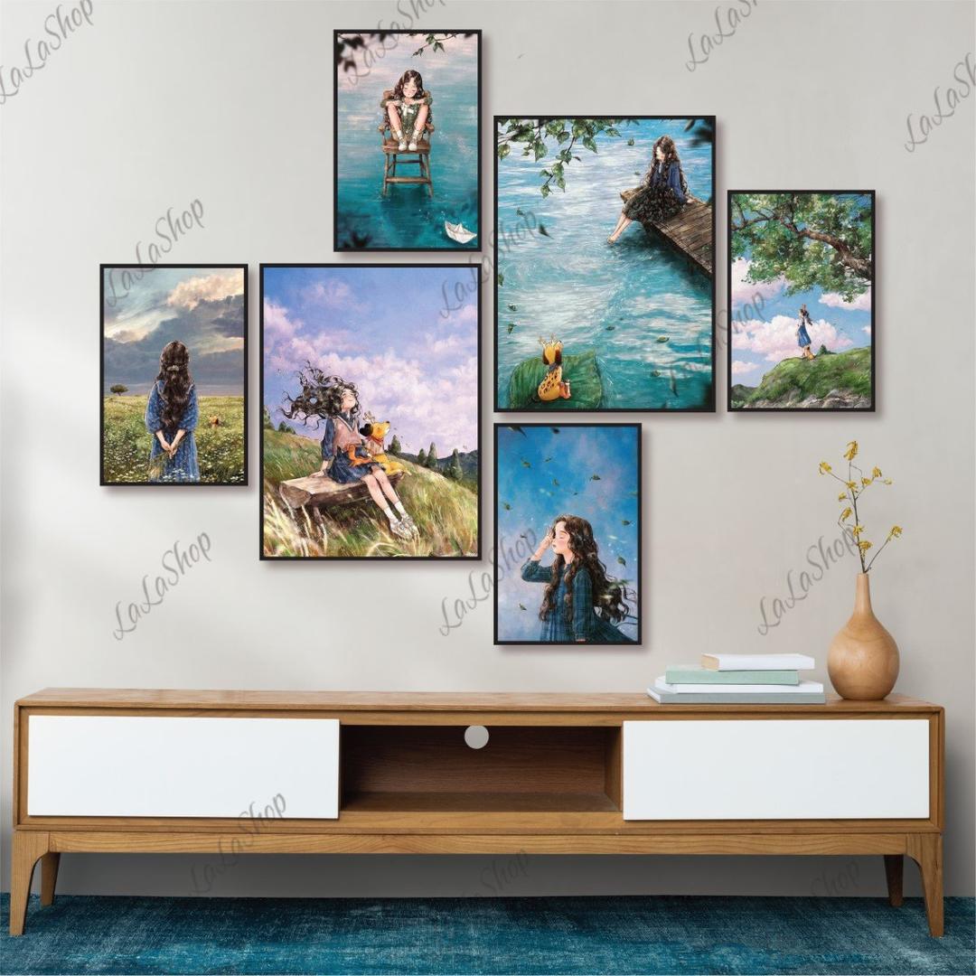 Set 6 Tranh Dán Tường Cô Gai Váy Xanh Có Keo Sẵn