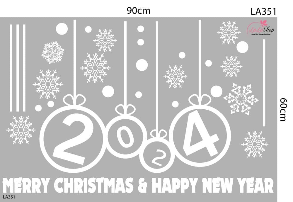 Decal trang trí Noel Merry christmas & Happy new year 2024 chữ trắng