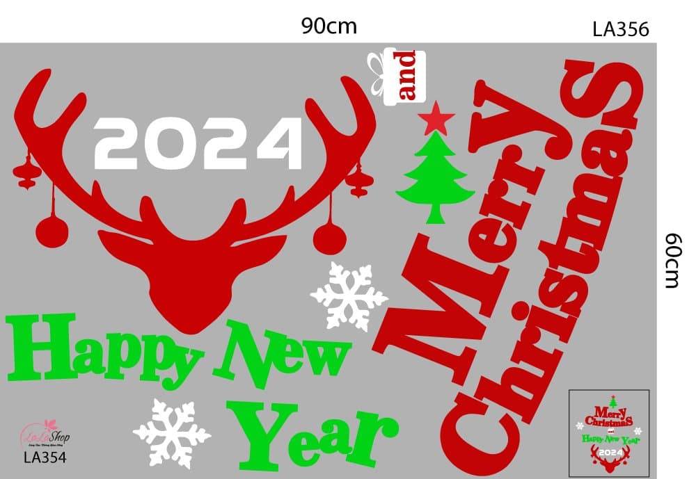 Decal trang trí Noel Merry christmas & Happy new year 2024 và tuần lộc đỏ 2