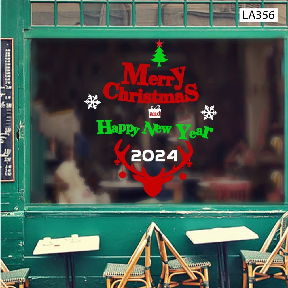 Decal trang trí Noel Merry christmas & Happy new year 2024 và tuần lộc đỏ 2