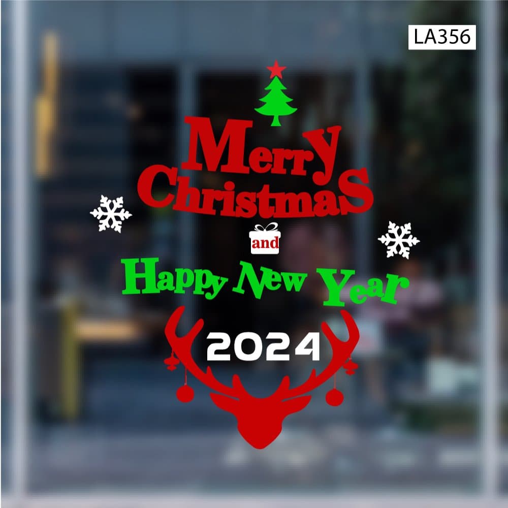 Decal trang trí Noel Merry christmas & Happy new year 2024 và tuần lộc đỏ 2
