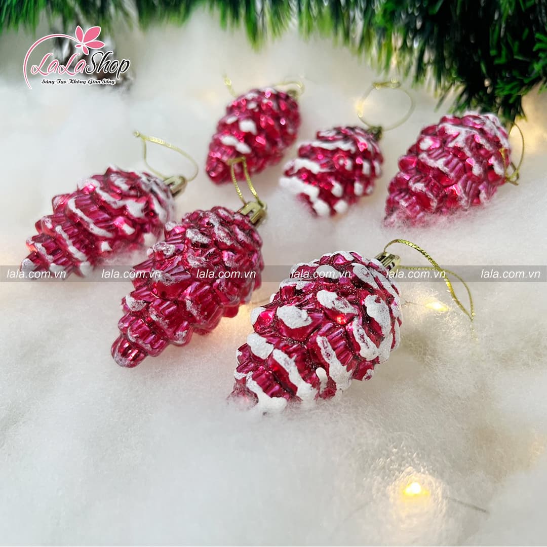 Set 6 quả thông đỏ treo phủ tuyết trang trí noel