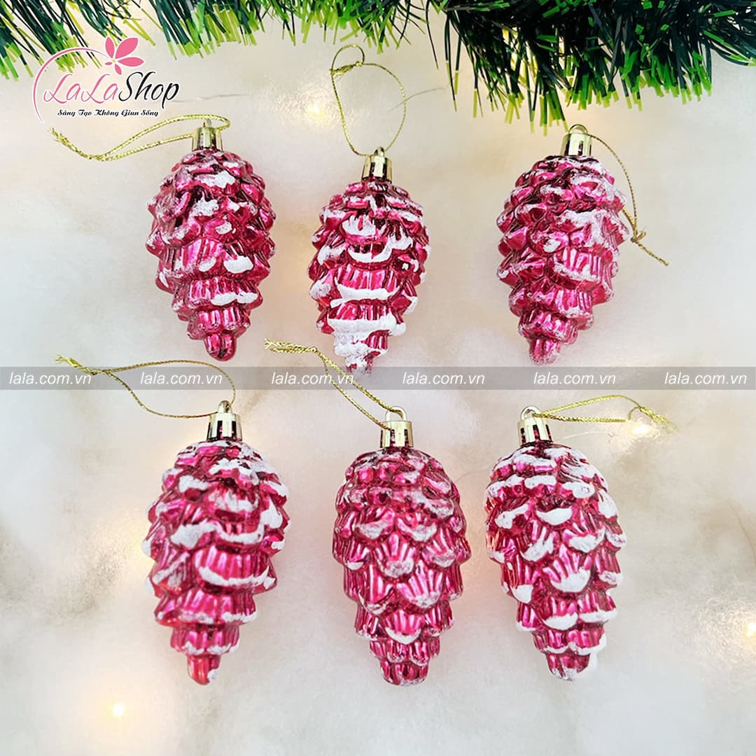 Set 6 quả thông đỏ treo phủ tuyết trang trí noel