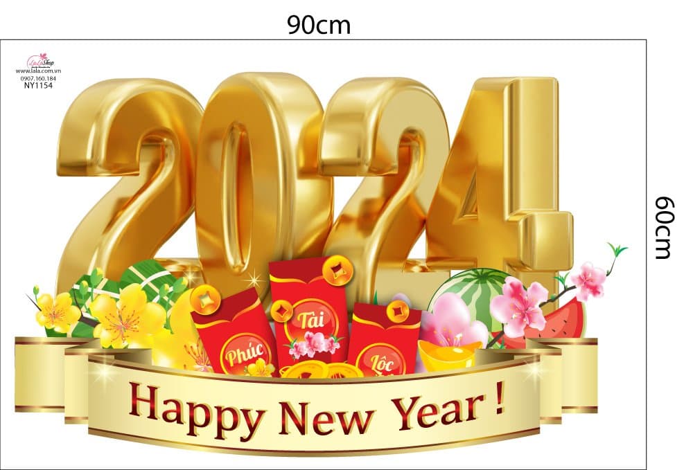 Decal trang trí tết happy new year 2024 mẫu 9