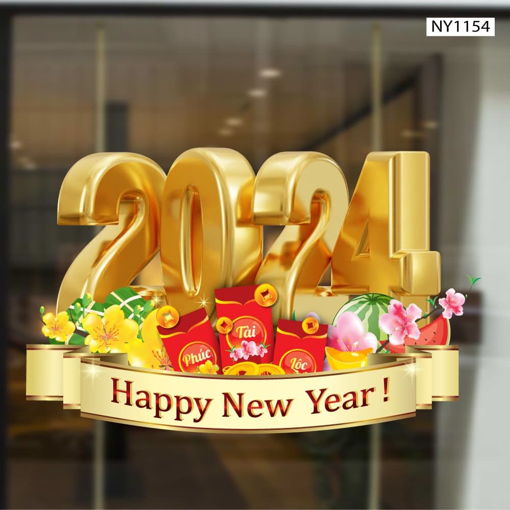Decal trang trí tết happy new year 2024 mẫu 9