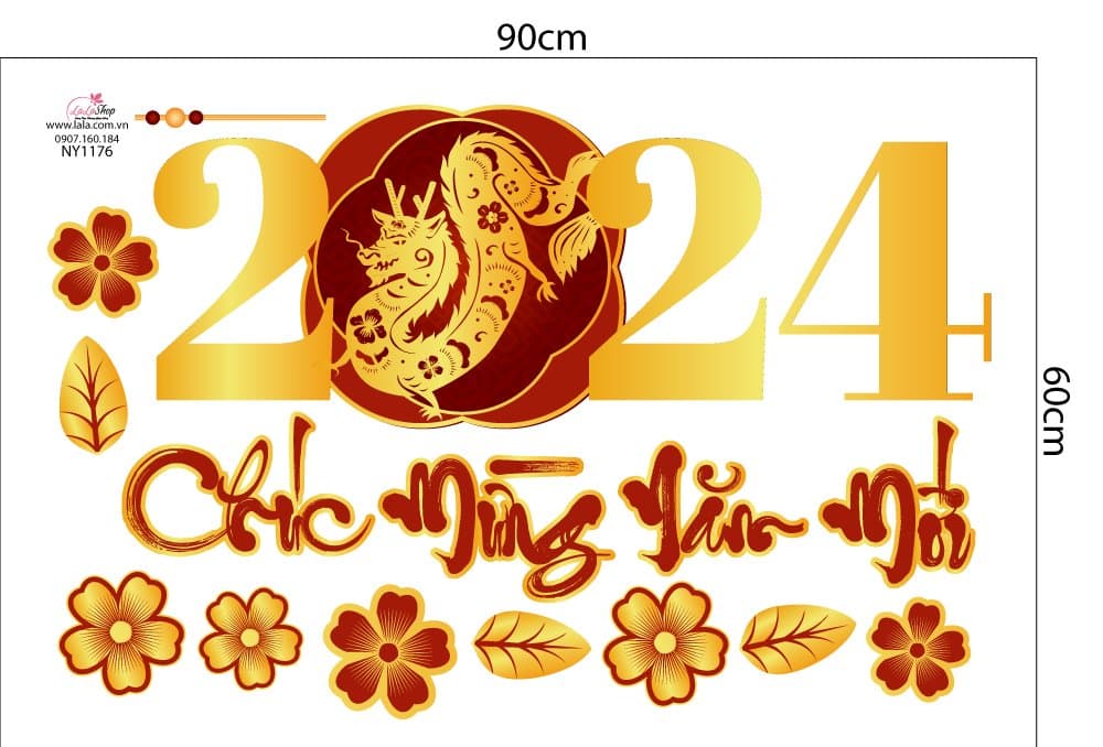 Decal trang trí tết giáp thìn chúc mừng năm mới 2024