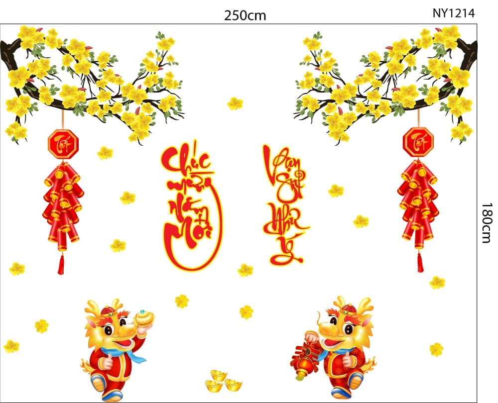 Combo Decal Trang Trí Tết Đôi Rồng Vàng Tài Lộc Chúc Mừng Năm Mới