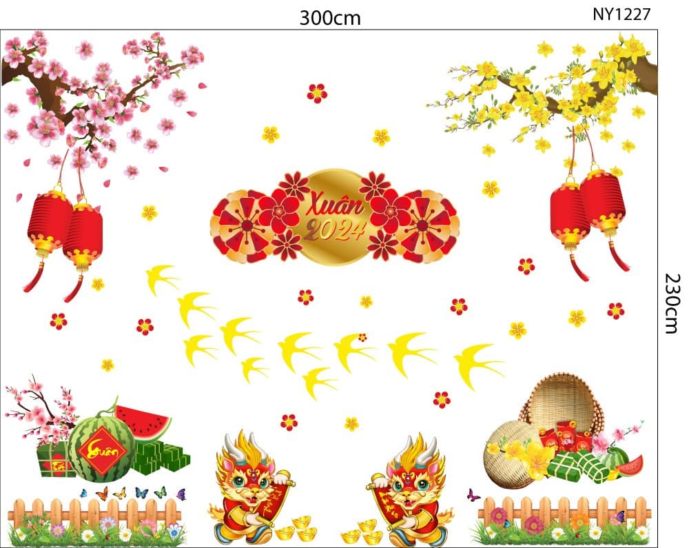 Combo decal trang trí tết 2024 cung chúc tân xuân năm mới phát tài