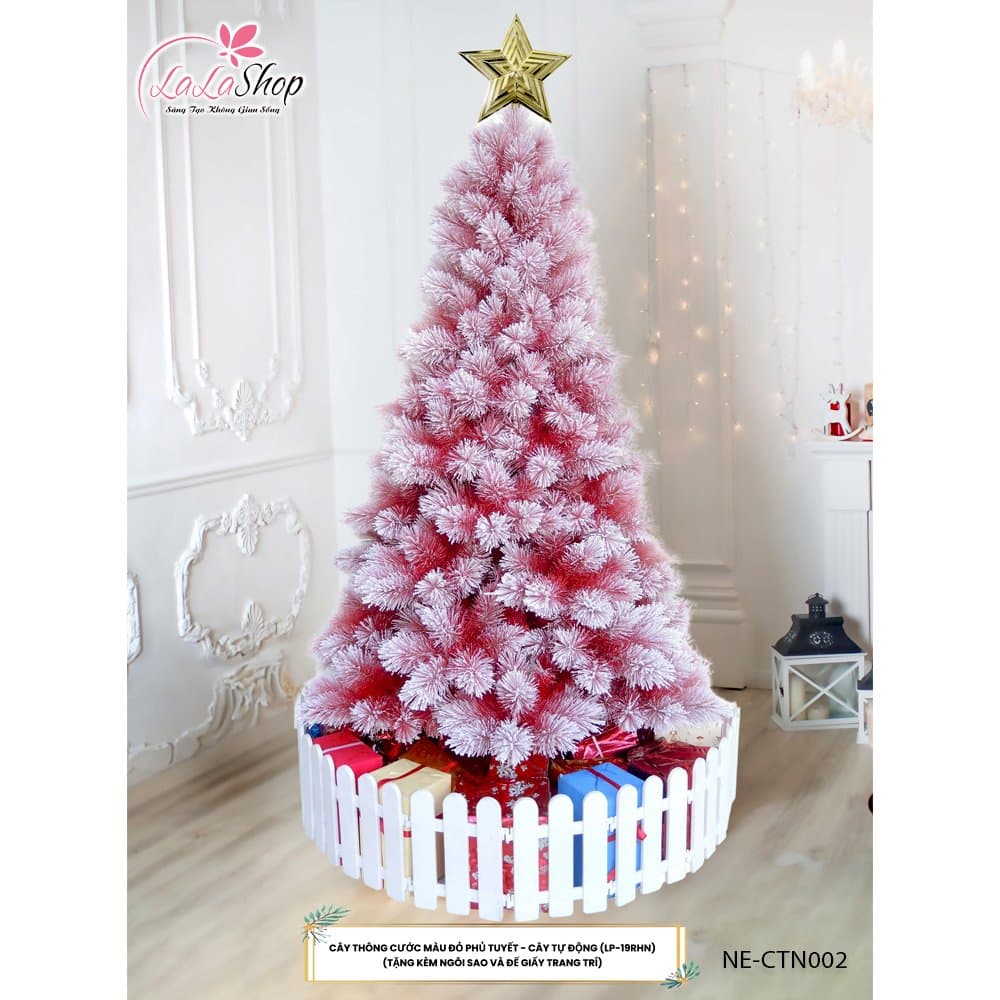 Cây thông noel cước màu đỏ phủ tuyết - Cây tự động