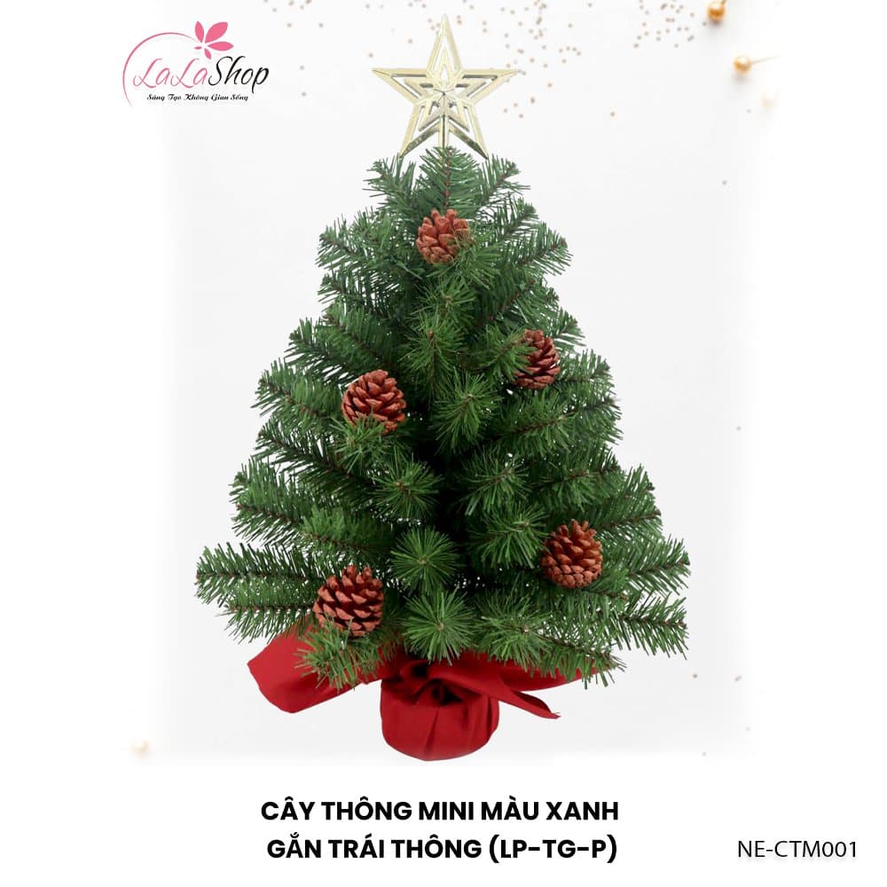 Cây thông noel mini màu xanh gắn trái thông