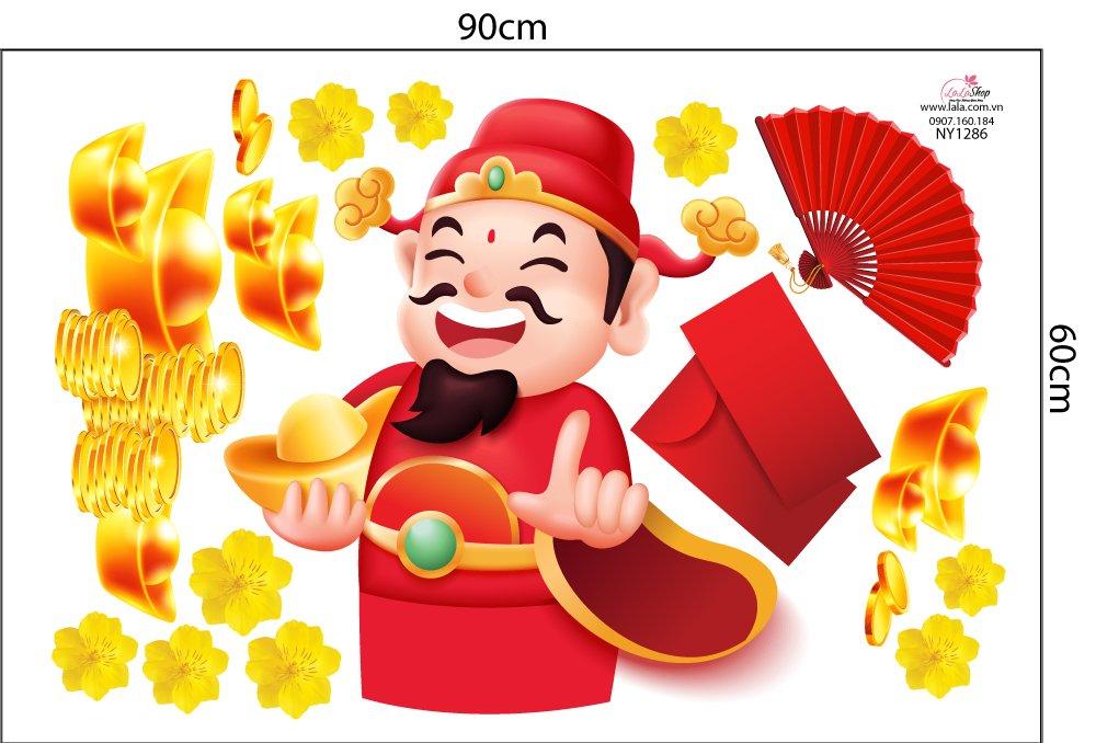 Decal trang trí tết Thần tài tiền vàng may mắn