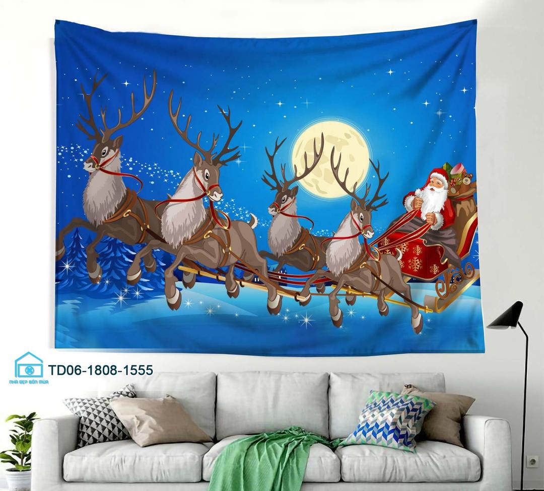 Tranh Vải Treo Tường Trang Trí Noel Tuần Lộc Kéo Xe
