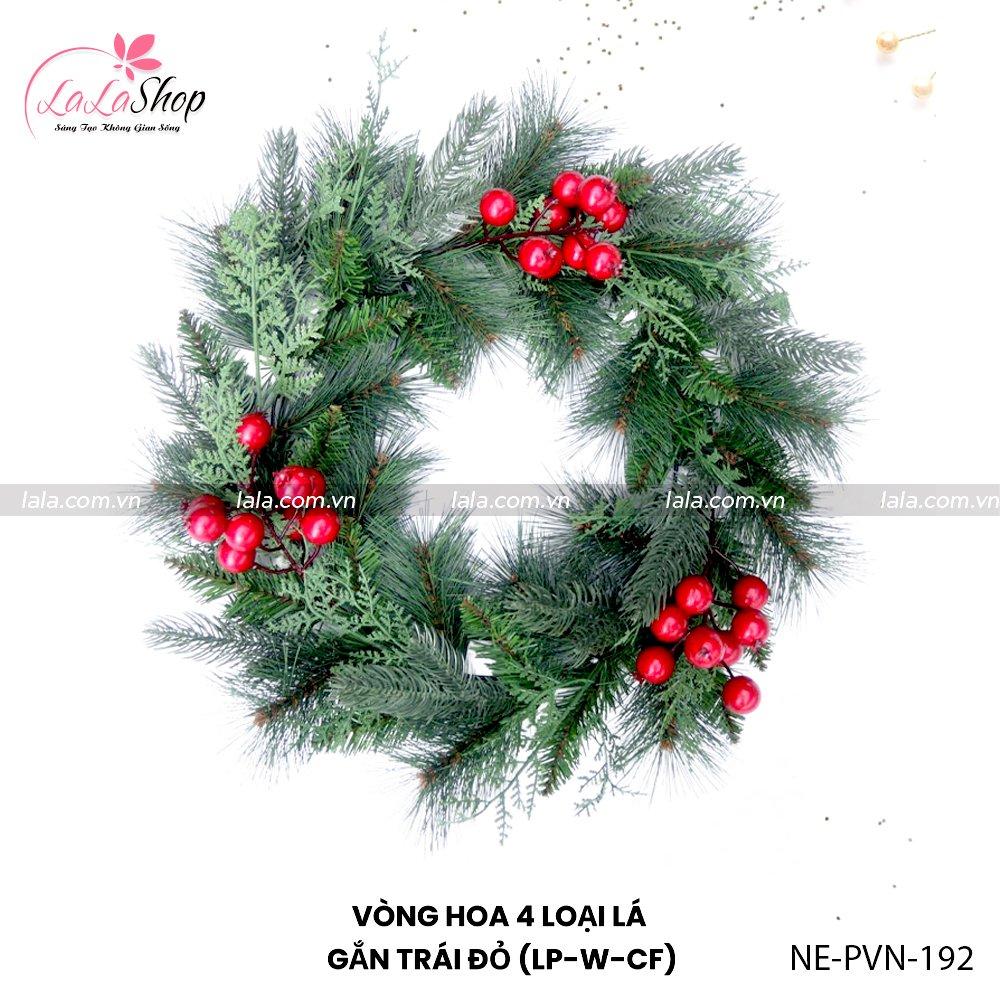 Vòng Nguyệt Quế Noel 4 Loại Lá Gắn Trái Đỏ