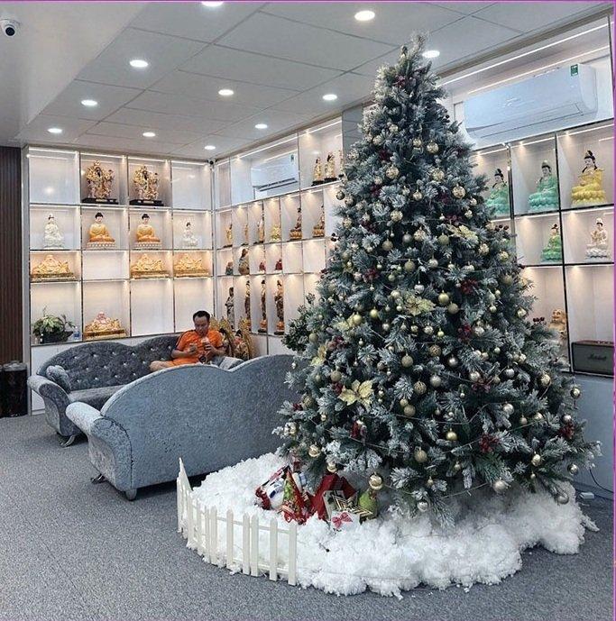 Cây thông noel cước đầu loa loại 5 lá phủ tuyết gắn trái đỏ