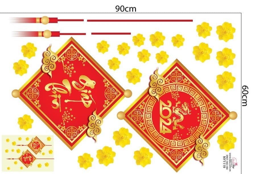 Combo Decal Trang Trí Tết Xuân Giáp Thìn Bé Đón Chào Năm Mới